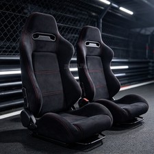 Universal Black Suede Seats w 2 Sliders Reclinable Low Back Racing Bucket Seats picture