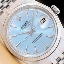 ROLEX MENS DATEJUST 18K WHITE GOLD STAINLESS STEEL ICE BLUE DIAL 36MM WATCH picture