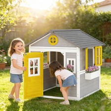 Outsunny Playhouse for Kids with Doors, Windows, Planter Pots and Boxes picture
