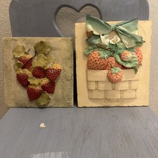 Vintage Strawberry Wall Hangings Set of 2 Ceramic Wall Plaques Cottagecore Decor picture