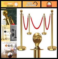 4PCS Gold Stanchion Posts & 3PCS 5ft Red Velvet Ropes - Crowd Control Barriers, picture