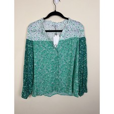 NWT Zara Floral Patchwork Blouse Green Purple Ruffle Neck Top L picture