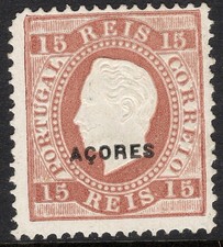 AZORES 1882 SC. #47 15 REIS LILAC-BROWN OVERPRINT MINT HR CAT $67.50 picture