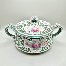 Atq. Circa 1891 Moriage Nippon Hand Painted Covered Dish Cabbage Rose-Stunning picture
