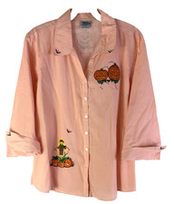 Vintage 90s Halloween Button Shirt Top Womens Large Pumpkins Scarecrow Whimsical picture