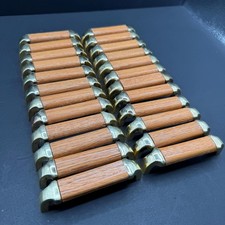 Vintage 1970s Oak Brass Cabinet Pulls Mid Century Wood Drawer Handles Lot of 26 picture