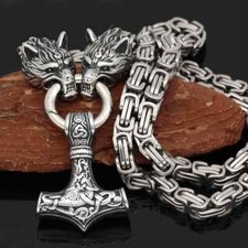 Men Viking Stainless Steel Wolf Thor Hammer Pendant Necklace Norse Mjolnir Odin picture