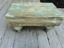 19TH C MINIATURE FOOT STOOL SUPER FEET BLUE PAINT 12X7 1/2X6 1/2 MAINE ORIGIN picture