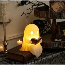 Cute Reading Ghost Figurine Light Up Halloween LED Book Spooky Bookshelf Decor picture