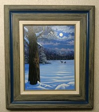 Orig American Gothic Winter Scene Painting Wall Art Frame Signed Primitives OOAK picture