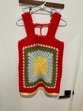 VTG Handmade Crochet Granny Square Tank Top Colorful Boho Festival Red Camisole picture