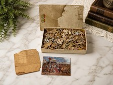 Antique Hand Cut Wooden Jigsaw Puzzle Lithograph Original Box Folk Art picture