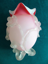 Victorian Antique Pink Satin Peachblow Applied Floral Footed Art Glass Vase 6.5