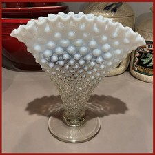 Vintage Fenton Glass 8” French Opalescent Hobnail Fan Vase Ruffled Crimp Edge picture