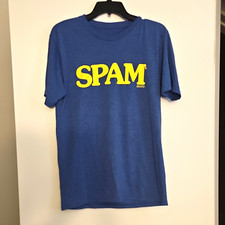 SPAM Men’s Graphic Logo Crew Neck Short Sleeve T-Shirt Blue/Yellow M/L picture