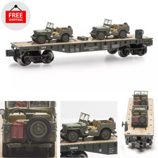 O Gauge Two US Military Army Cargo Jeeps Train Cars Camo Long Army Flatcar picture