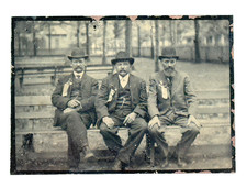 Antique 1/6th Plate Tintype Photo Three Men on a Bench GAR Civil War ribbons picture