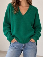 Ann Taylor Chunky Knit V-Neck Relaxed Pullover Sweater Kelly Green Large picture