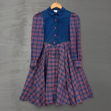 Vintage Yves Saint Laurent 70s Dress Blue Red Plaid Corduroy Fit and Flare  12 picture