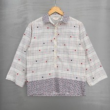 Donnkenny Vintage Popover Blouse White Red Navy Geometric Grid Print L picture