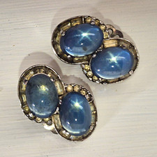 Vintage JOMAZ blue moonstone glass cabochon and rhinestone clip-on earrings. picture