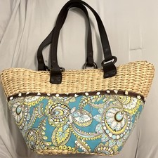 Vera Bradley Retired Straw Beach Tote Bag Blue Green Floral picture