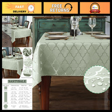 Sage Green Gray Jacquard Tablecloth 52x70 Inch Rectangle, Elegant Dining Decor picture