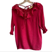 Extra Belleza Red Boho Peasant Blouse Ruffle V-Neck Floral Embroidered Top M S picture
