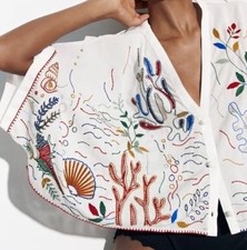 ZARA White Embroidered V-Neck Button Front Blouse Top Women Size M picture