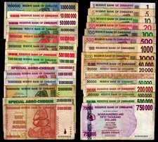 Zimbabwe 30 Banknotes Currency Set 1 5 10 20 50 100 500 Million Billion Dollars picture