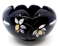 Vintage Fenton Midnight Garden Hand Painted Signed Black Glass Ruffled Bowl picture
