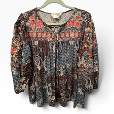 SAVANNA JANE Boho Embroidered Tie Closure Long Sleeve Pheasant Top Size Medium picture