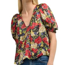 The Great Ponder Top Hidden Garden Floral Smocked V-Neck Puff Sleeve Blouse L picture