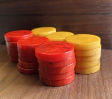 Vintage Bakelite Catalin 30 Butterscotch & Red Checkers 1-1/4” X 1/4” Thick picture