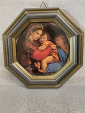 Vintage Octagon Framed Raphael Madonna della Seggiola Print Religious Art 5.5” picture