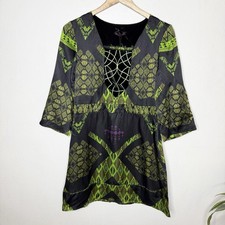 New Custo Barcelona Green Black Silk Blend Velvet Detail Mini Dress Womens XS picture