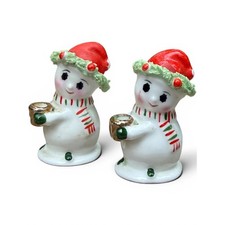 Vintage Napcoware Miniature Snowman Candle Holders Spaghetti Trim Bone China picture