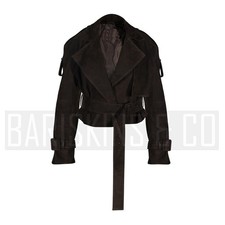 Womens Suede Cropped Leather Jacket – Brown Belted Short Moto Trench Style picture
