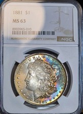1881 Morgan Silver Dollar NGC MS63 Rainbow Toned Coin Great Color $1 Toner UNC picture