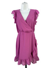 Bar III Women's Purple Ruffle Cap Sleeve Lined Faux Wrap Dress - S picture
