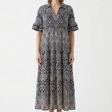 Chico's Maxi Dress Womens 2.5 US 14 Navy Blue White Eyelet Tiered Sundress NWT picture