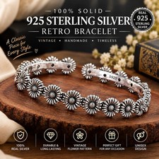 Solid 925 Sterling Silver Flower Bracelet Vintage Retro Floral Bangle Women Gift picture
