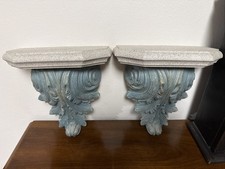 VTG Ornate Wall Sconces Pair 8” Green Verdigris Shelf Hollywood Regency picture