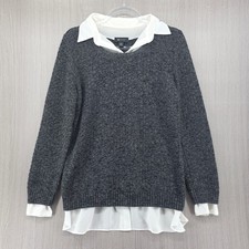 AB Studio Blouse Size L Layered Sweater Gray White Collared Shirttail Hem Preppy picture