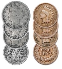 6 COIN LOT ~ 3 Indian Head Cents ~ 3 Liberty V Nickels ~ FULL DATE US Coins picture