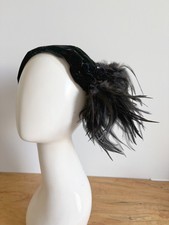 Vintage 1940s Black Velvet Feathered Half Hat Headband Party Goth Witchy ONE SZ picture