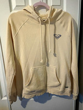 Roxy Women's Beige Fleece Pullover Hoodie Graphic Logo Pockets Raglan Size M picture