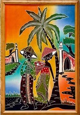 Vtg Framed Original Indonesian Batik Waxing/Dyeing Wall Art Village Scene 24X36