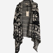 NWT COCOGIO Tribal Black White Wool Blend Drape Cardigan Sweater Earthy S/M picture