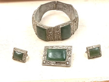 Chinese Export Filigree Silver & Jade Bracelet, Pin, & Earring Set: 61 grams picture